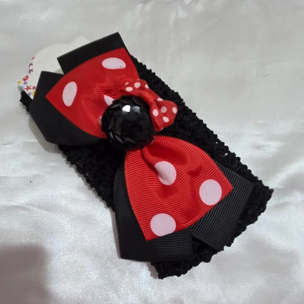 Girls Minnie Style Headbands  Red Black Polka Dot Bows Stretchy